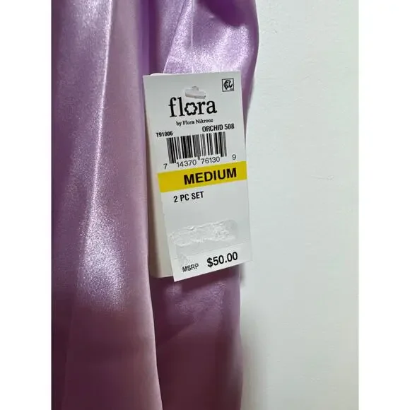 Brand New Flora Women's Size Medium Purple Orchid Satin Sleepwear Set 2 Piece - Picture 9 of 11